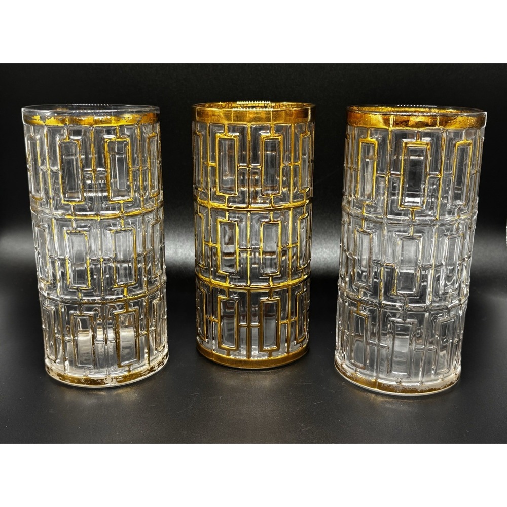 Shoji Trellis Imperial Glass 3 Bamboo 22k Vintage Highball Glasses MCM